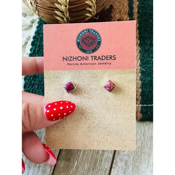 Handcrafted Sterling Silver & Pink Mojave Square Stud Earnings - Picture 5 of 6